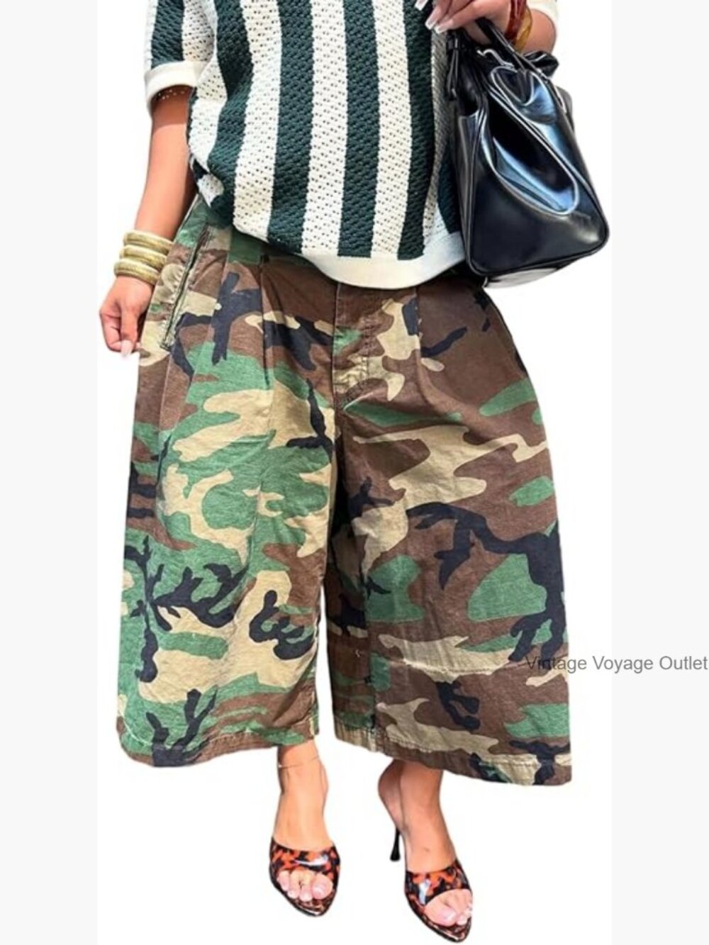 Women's Camo Barrel Pants High Waisted Wide Leg Cropped Trousers - Picture 1 of 7